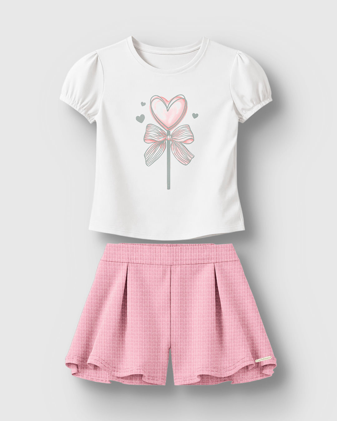 Conjunto Menina Blusa Estampa Laço e Coração Foil em Algodão - Carinhoso