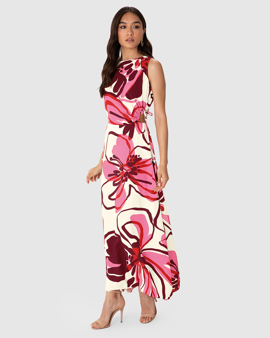 Vestido Midi Feminino Floral Detalhe Amarração Lateral em Viscose - ENFIM