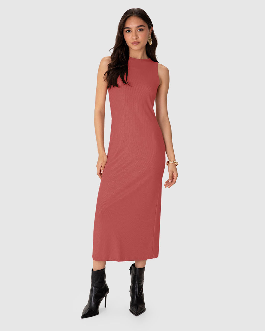 Vestido Midi Feminino sem Manga Gola Redonda Malha Canelada Brilho - ENFIM