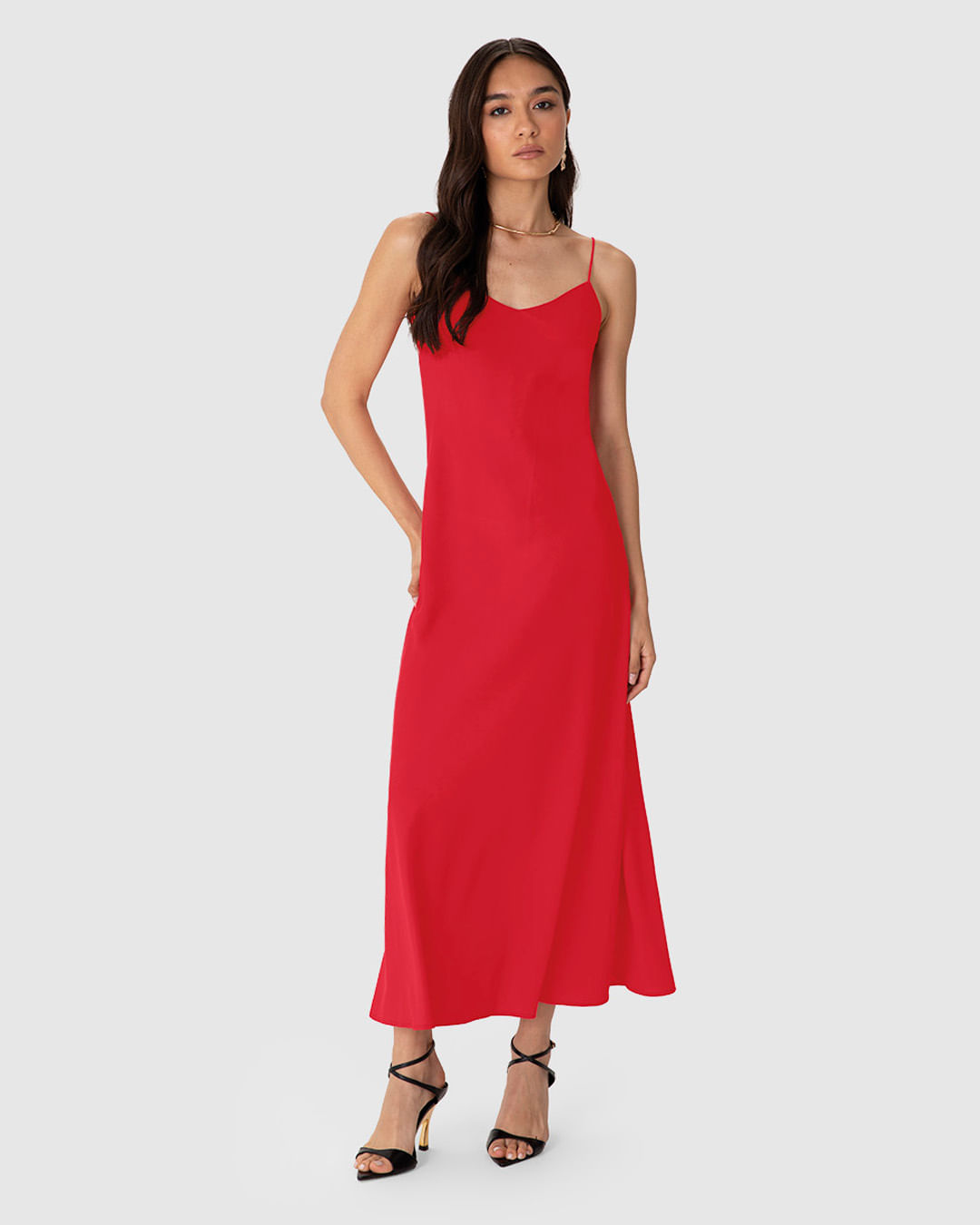 Vestido Midi Feminino Decote V Alça Fina em Tafetá - ENFIM