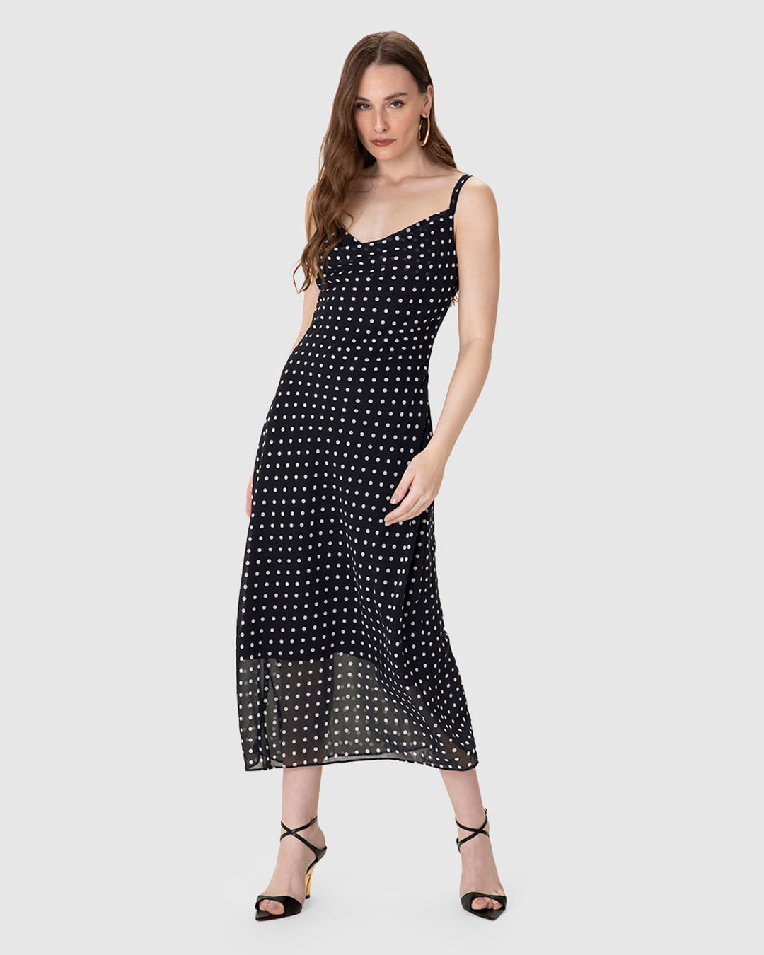 Vestido Midi Feminino Evasê Estampa Poá Alça Fina Dupla Em Chiffon - ENFIM