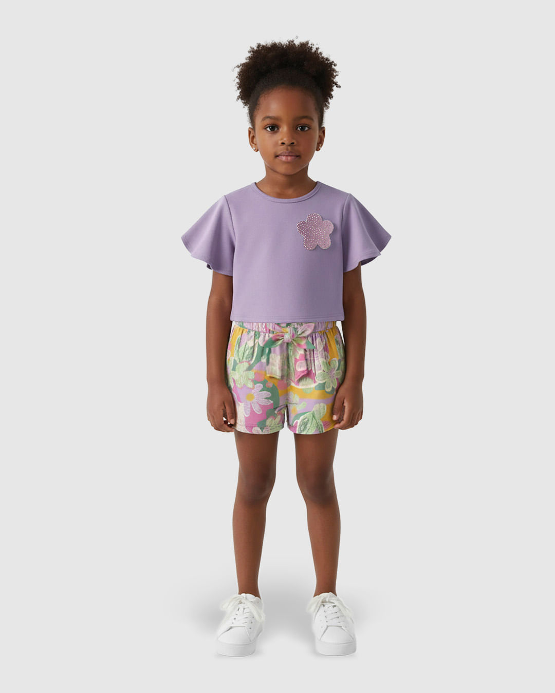 Conjunto Infantil Menina Shorts Godê Estampa Floral em Algodão Malwee Kids