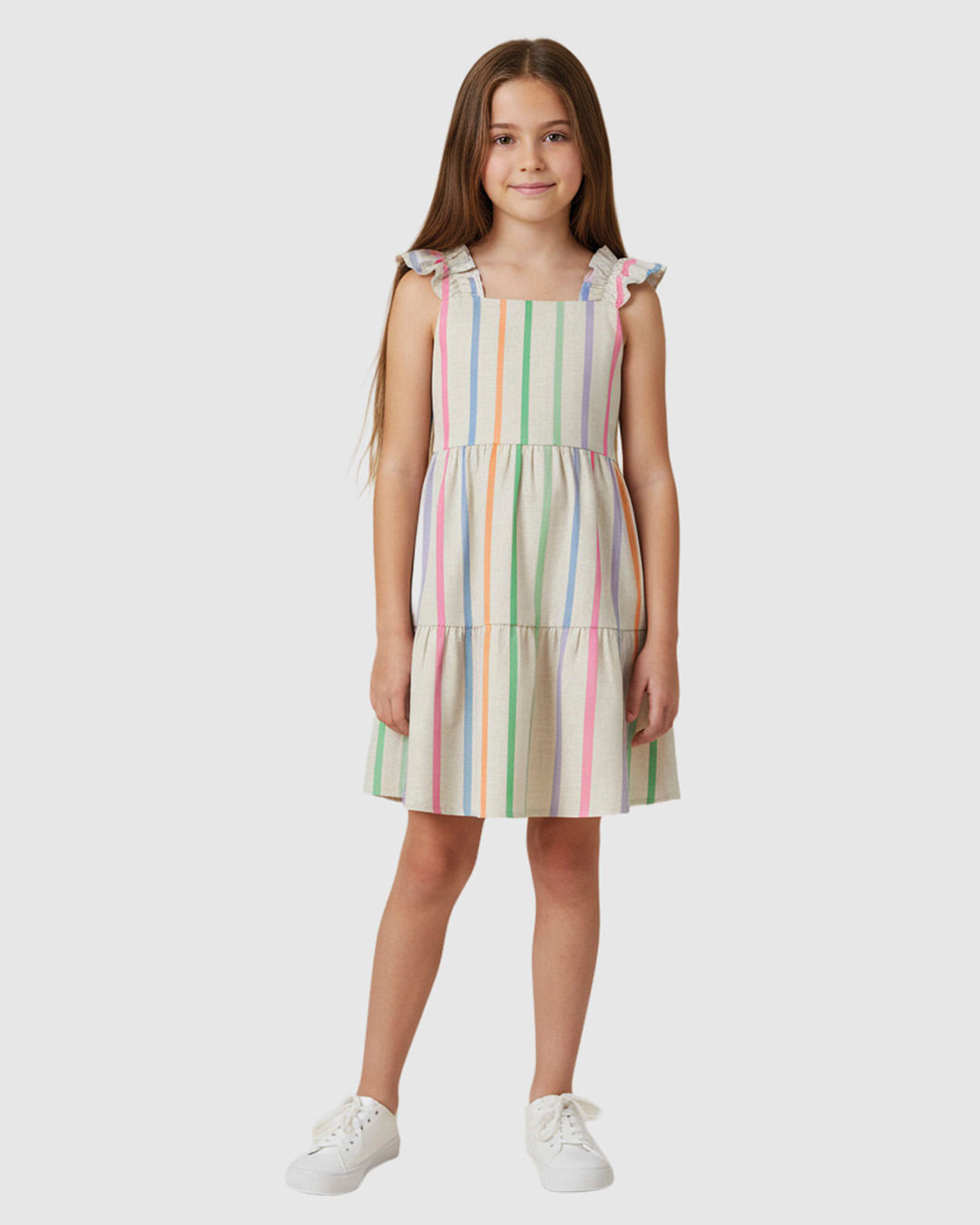 Vestido Infantil Alça Elástico Babados Estampa Listrada em Viscose Malwee Kids