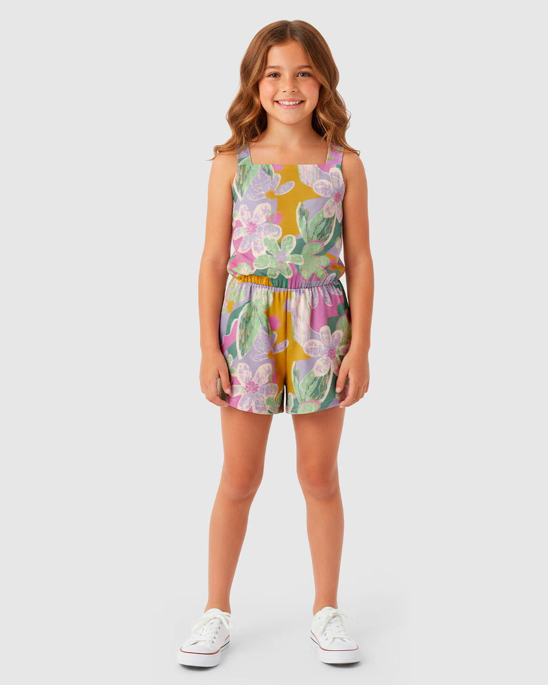 Macaquinho Infantil Menina Acinturado Estampa Floral em Algodão Malwee Kids