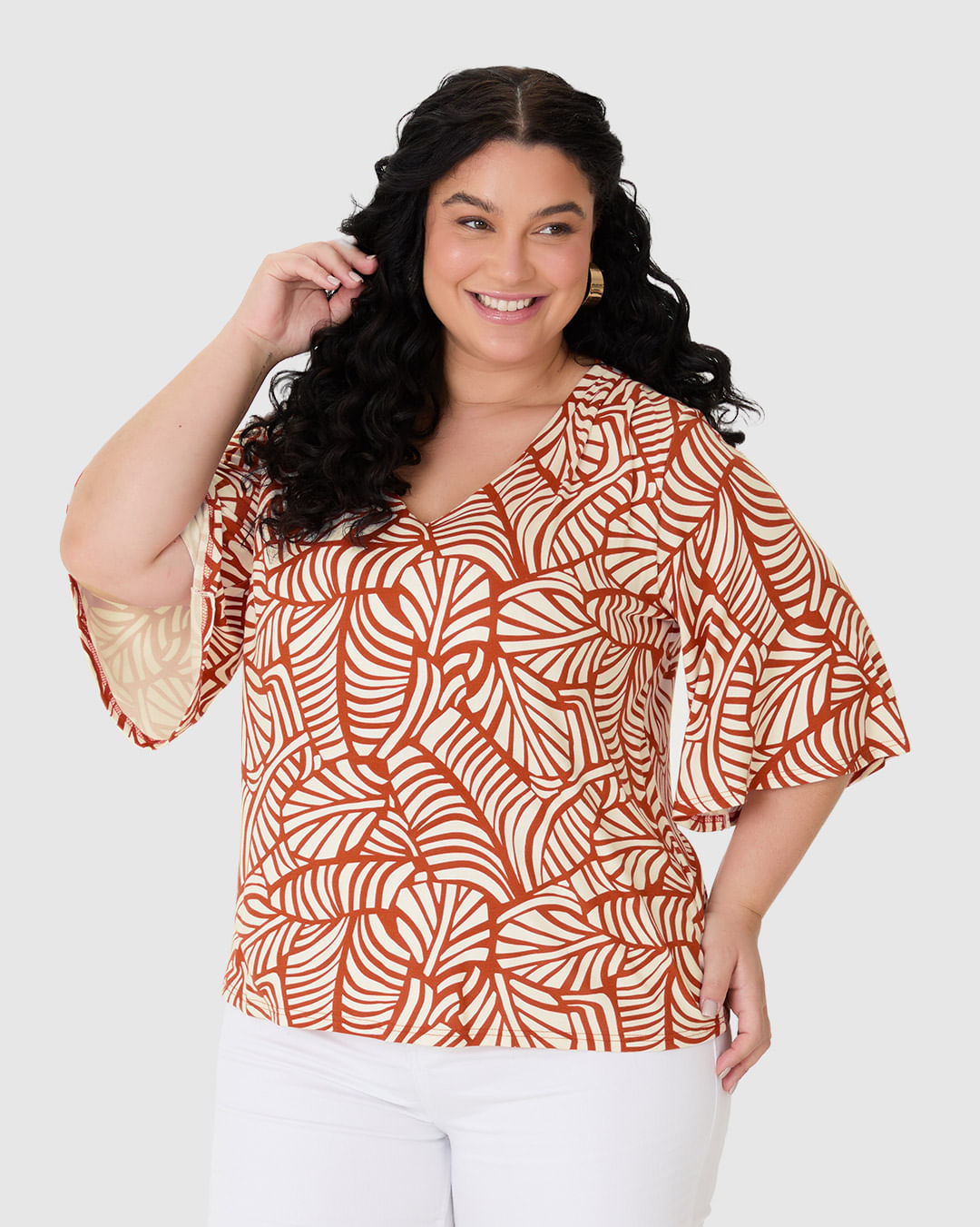 Blusa Feminina Plus Size Estampada Manga Ampla em Viscose Stretch