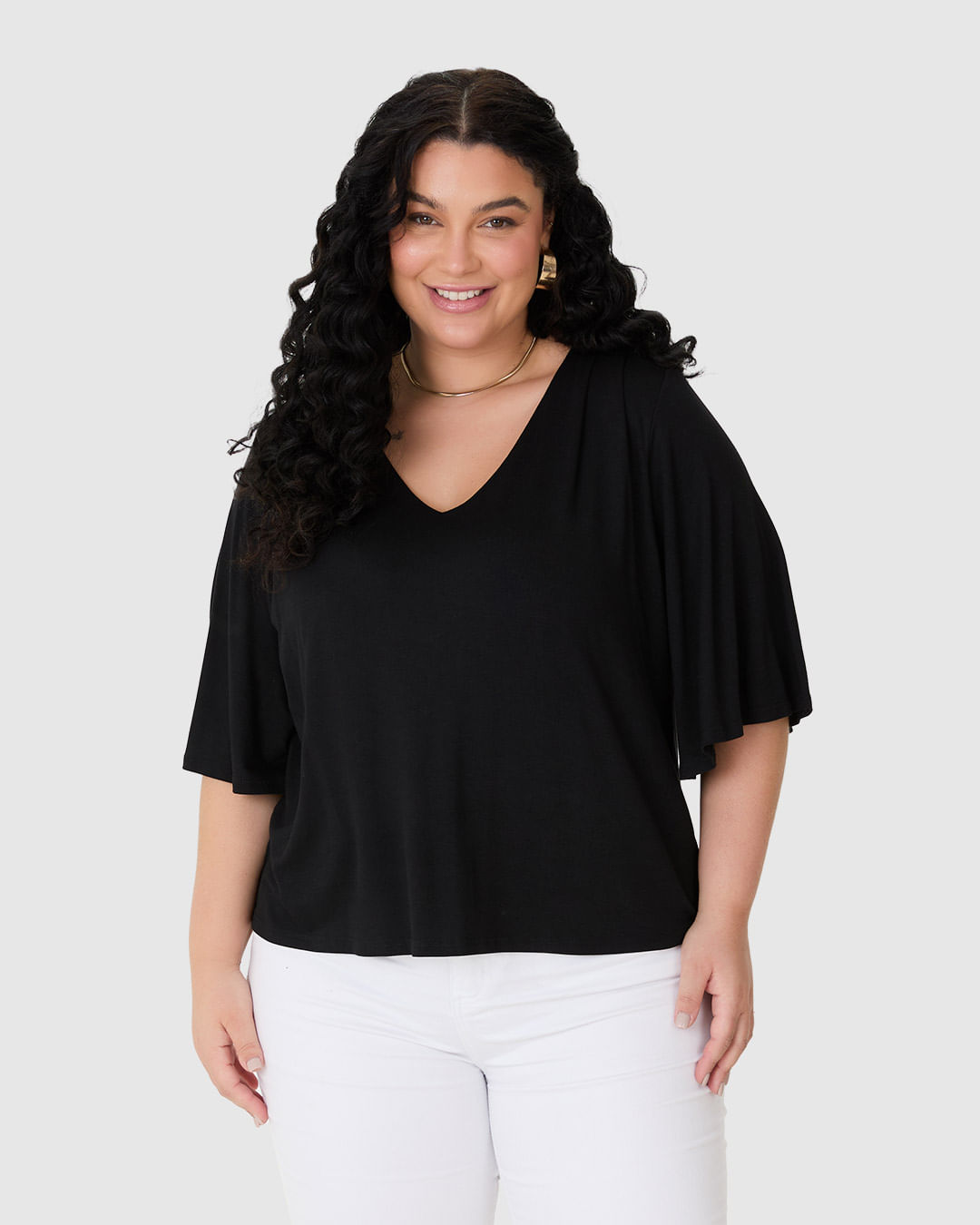 Blusa Feminina Plus Size Manga Ampla em Viscose Stretch