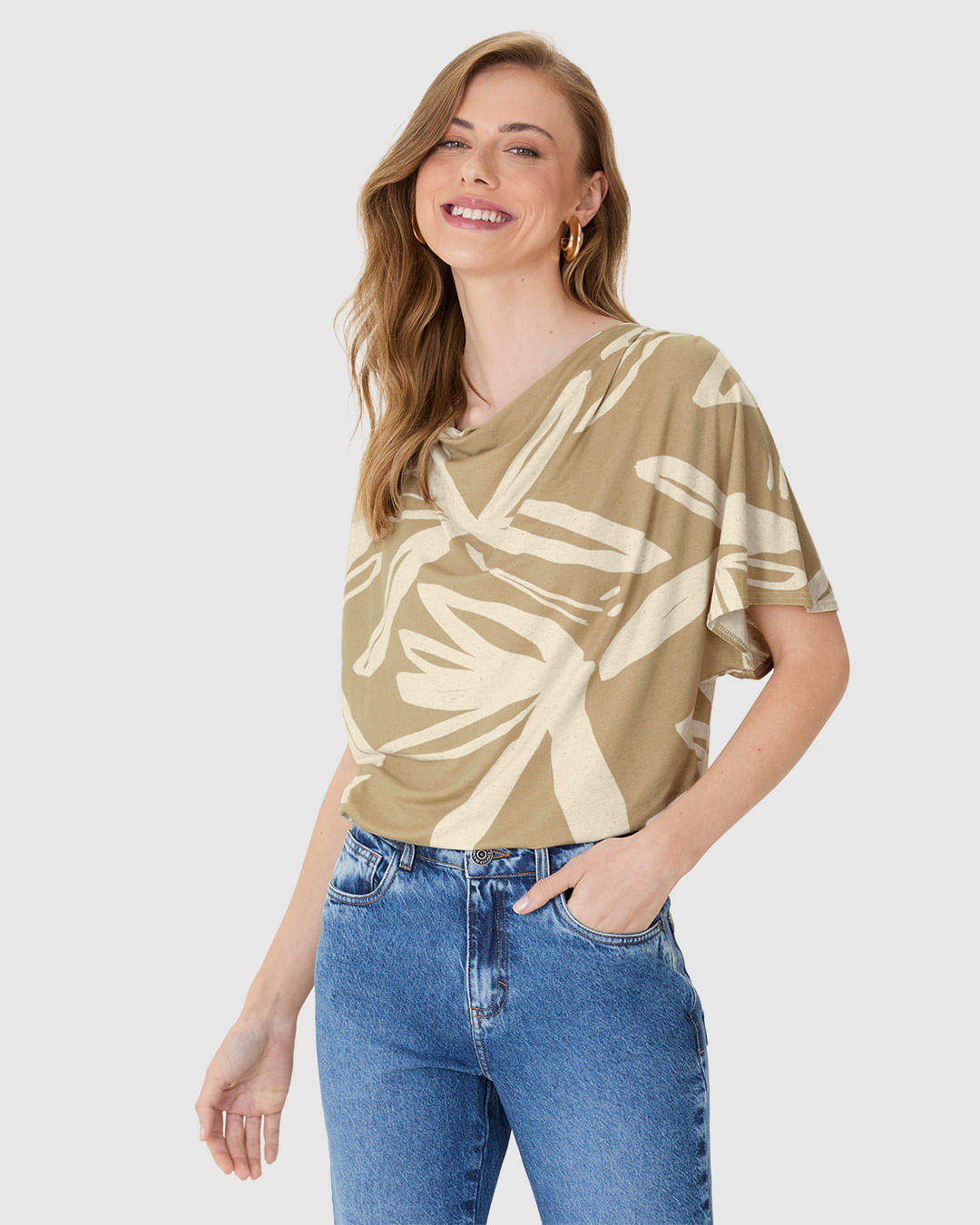 Blusa Ampla Feminina Estampada Decote Drapeado em Malha Viscolinho Stretch