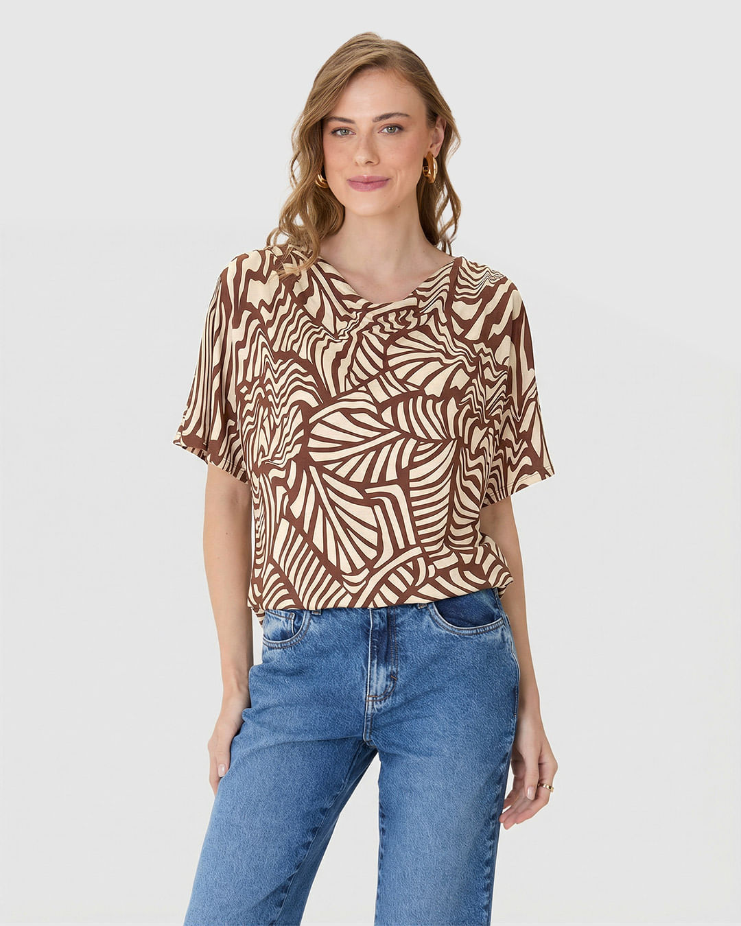 Blusa Ampla Feminina Estampada Decote Drapeado em Malha Viscolinho Stretch