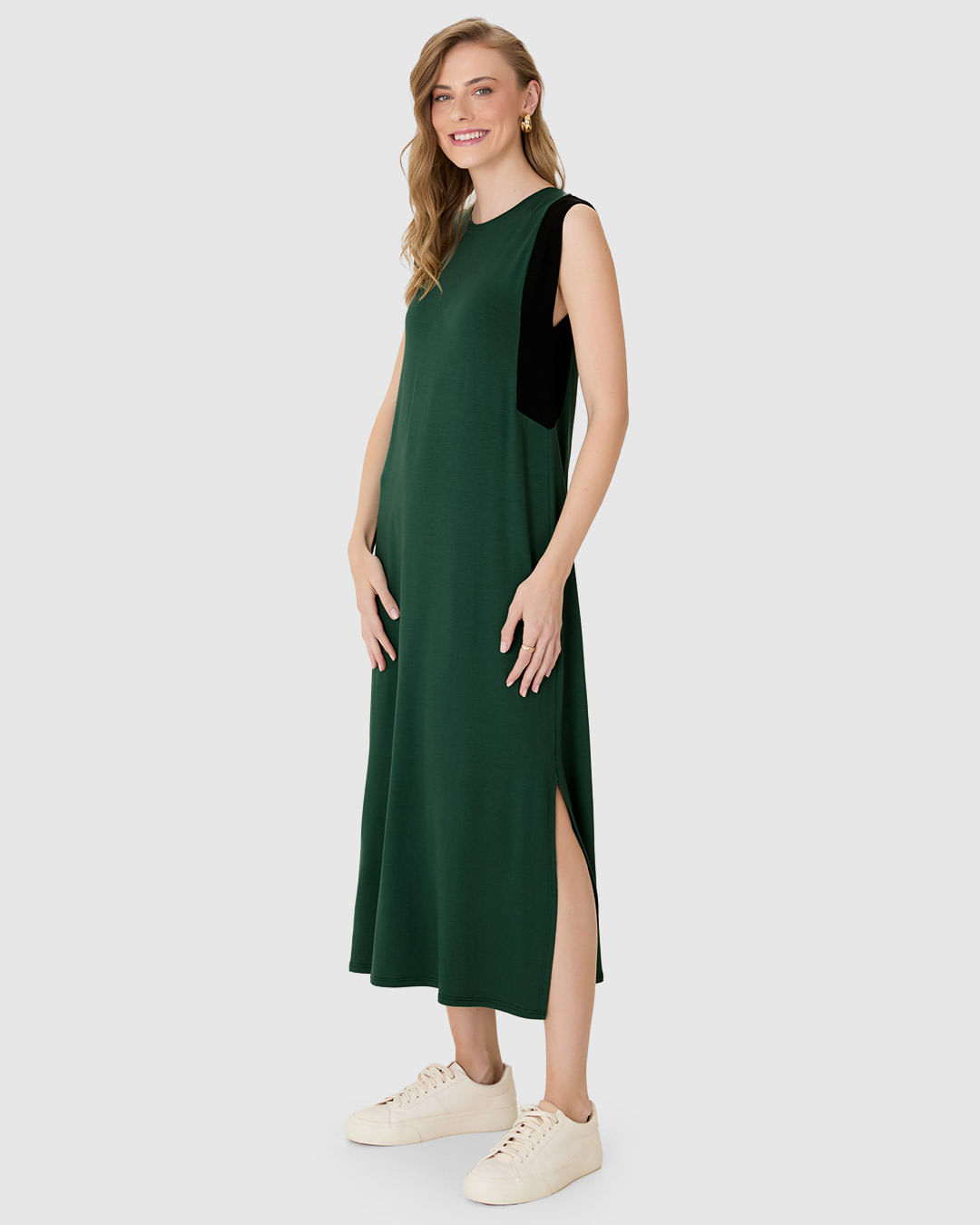 Vestido Midi Feminino Recorte Contrastante E Fenda Em Moletinho De Viscose