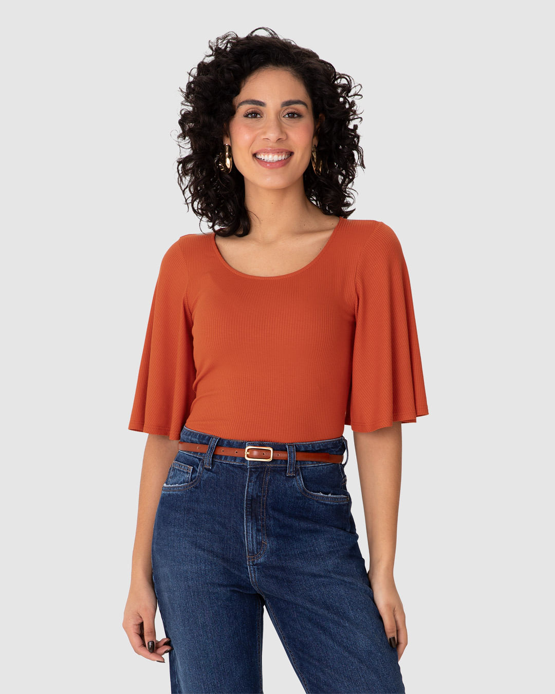 Blusa Justa Feminina Decote U Manga 3/4 em Malha Viscose Canelada