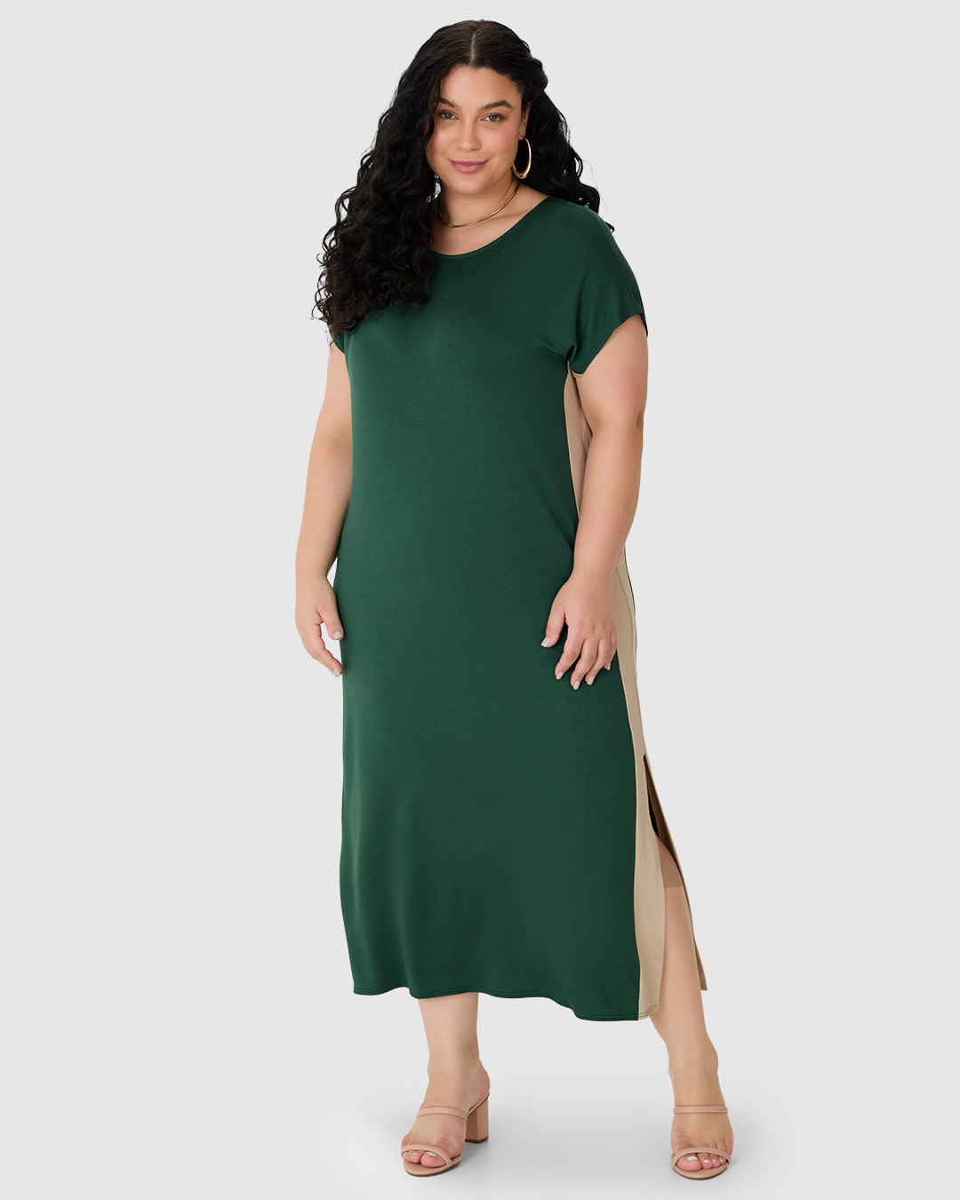 Vestido Midi Feminino Plus Size Recorte e Fenda Lateral em Moletinho de Viscose
