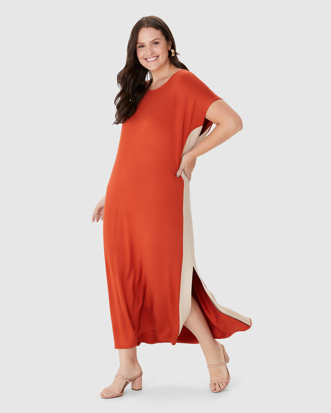 Vestido Midi Feminino Plus Size Recorte e Fenda Lateral em Moletinho de Viscose