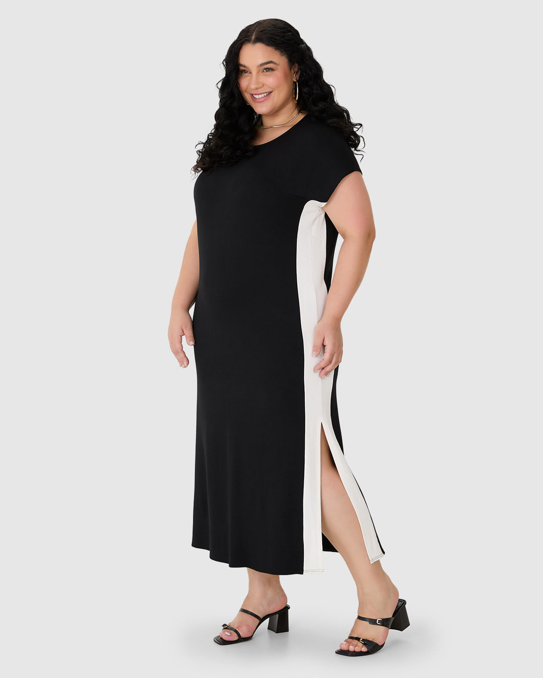 Vestido Midi Feminino Plus Size Recorte e Fenda Lateral em Moletinho de Viscose