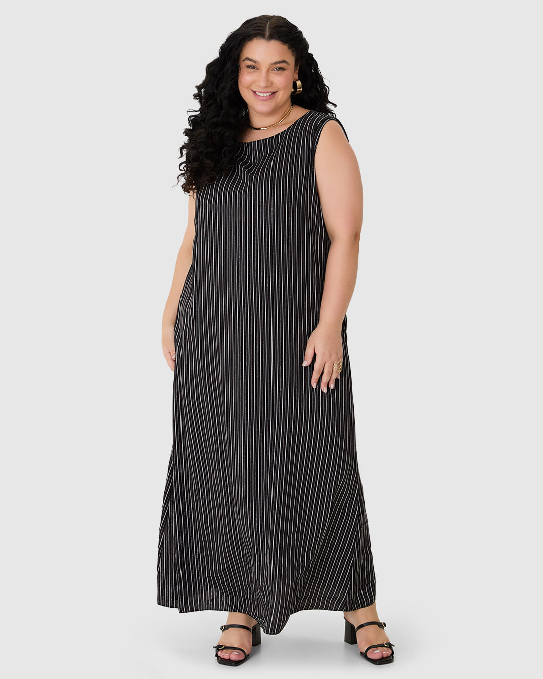 Vestido Midi Feminino Plus Size Amplo Bolso Funcional em Viscose Lurex