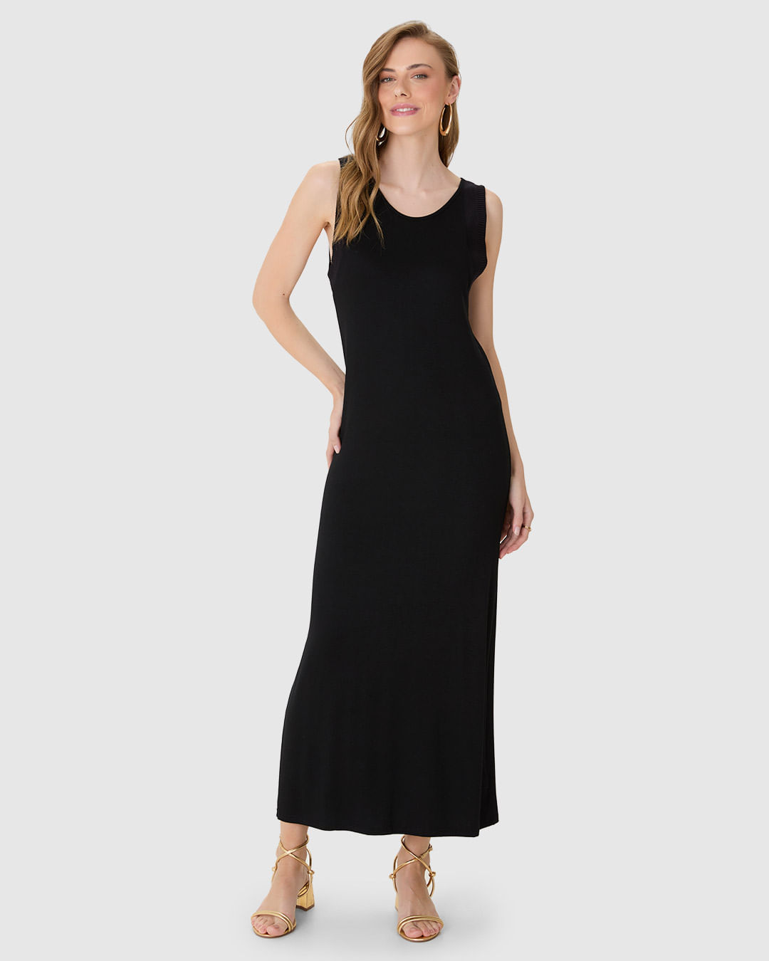 Vestido Midi Feminino Detalhe Retilínea Em Viscose Stretch