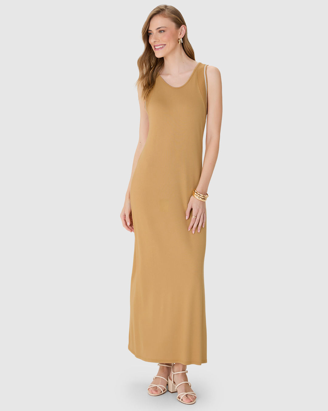 Vestido Midi Feminino Detalhe Retilínea em Viscose Stretch