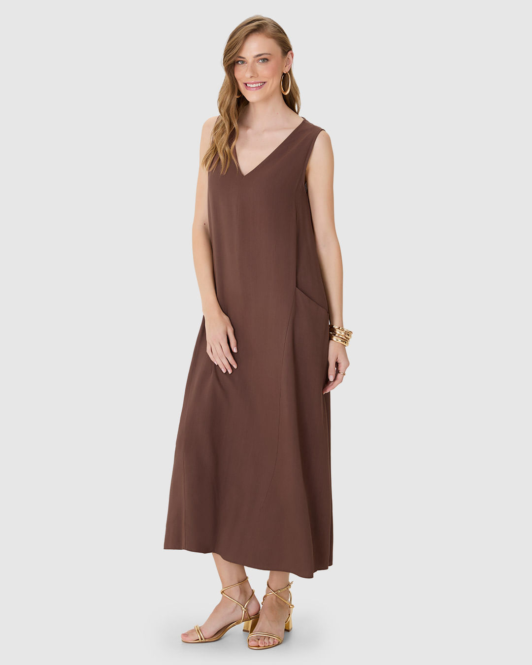 Vestido Midi Feminino Bolso Funcional Em Viscolinho Texturizado