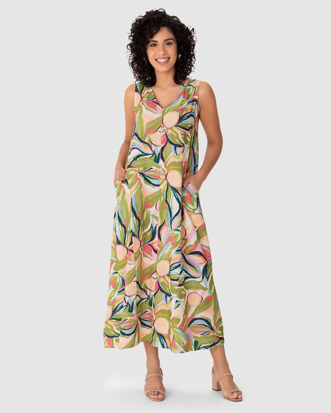 Vestido Midi Feminino Bolso Funcional Em Viscolinho Texturizado - Off White - GG