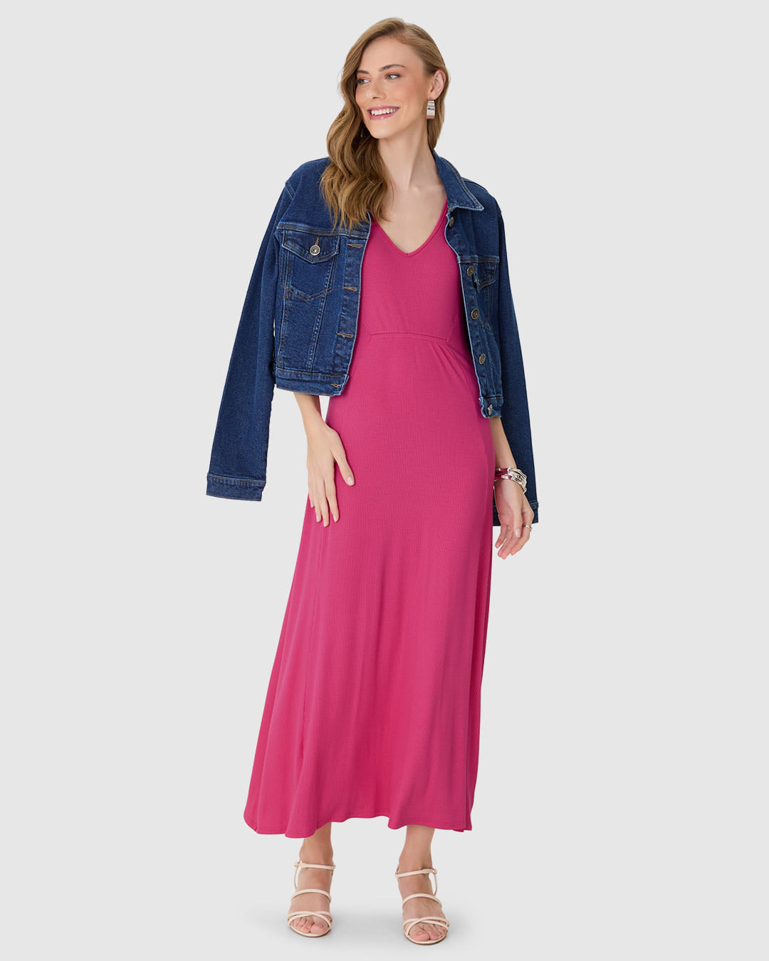 Vestido Midi Feminino Detalhe Franzido Frontal em Malha Viscose Canelada