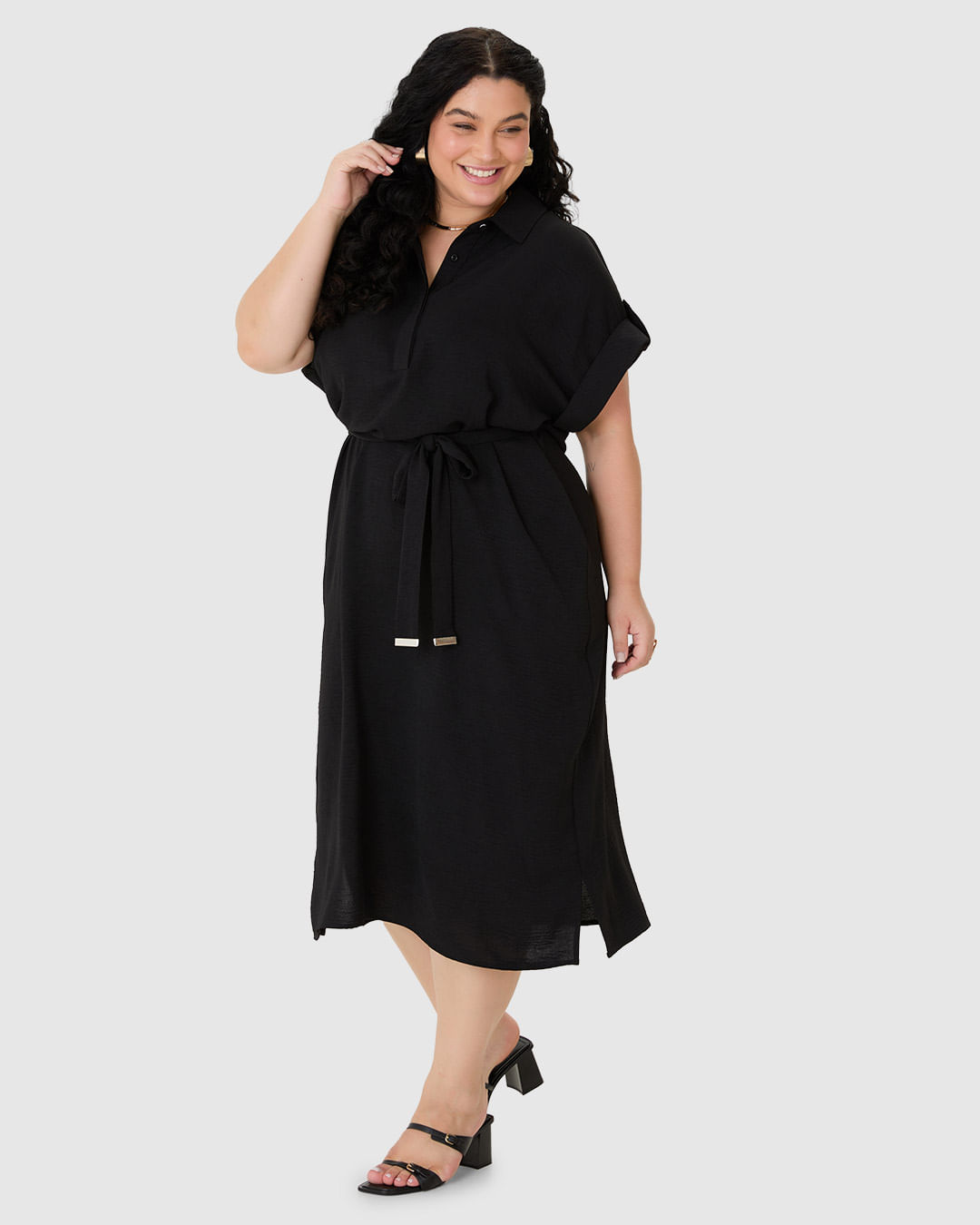 Vestido Midi Feminino Plus Size Chemise Mullet Em Tecido Airflow