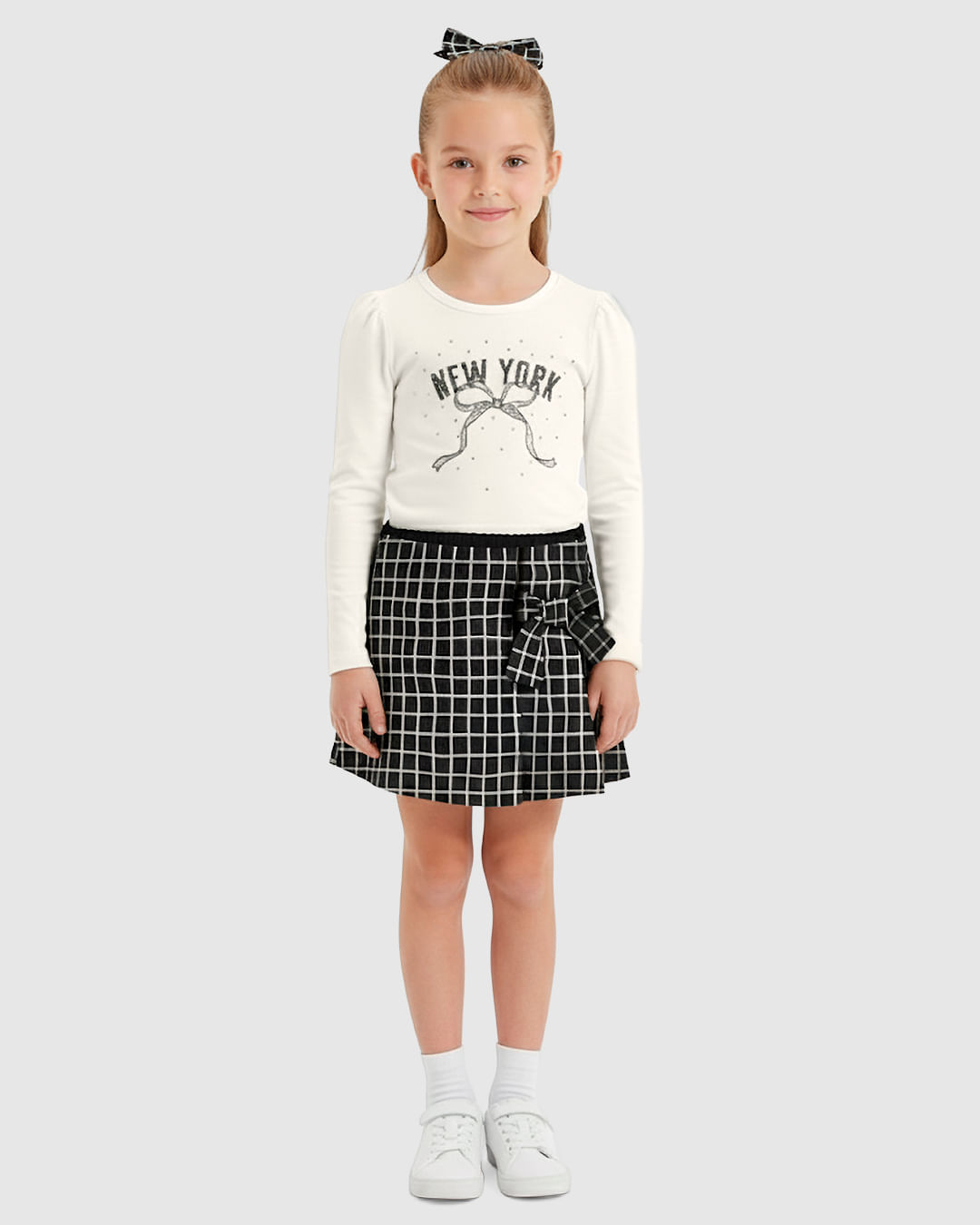Conjunto Menina Blusa New YorK E Shorts Saia Em Piquet Geométrico - Carinhoso