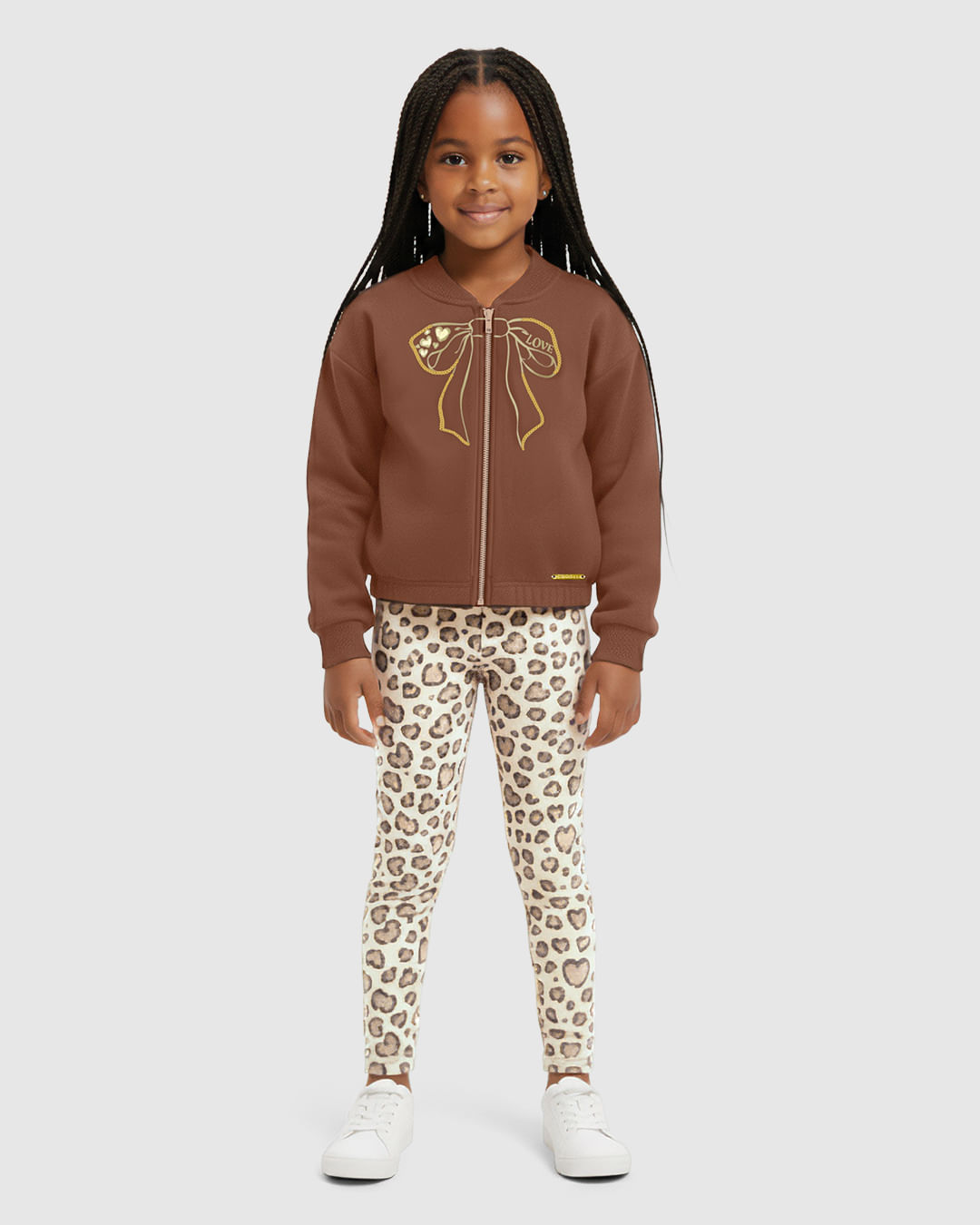 Conjunto Menina Jaqueta Bordada Laço e Legging Moletom Flanelado - Carinhoso