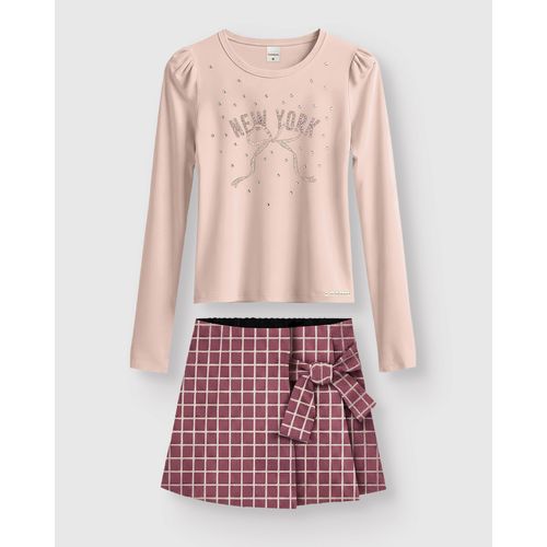 Conjunto Menina Blusa New YorK e Shorts Saia em Piquet Geométrico - Carinhoso