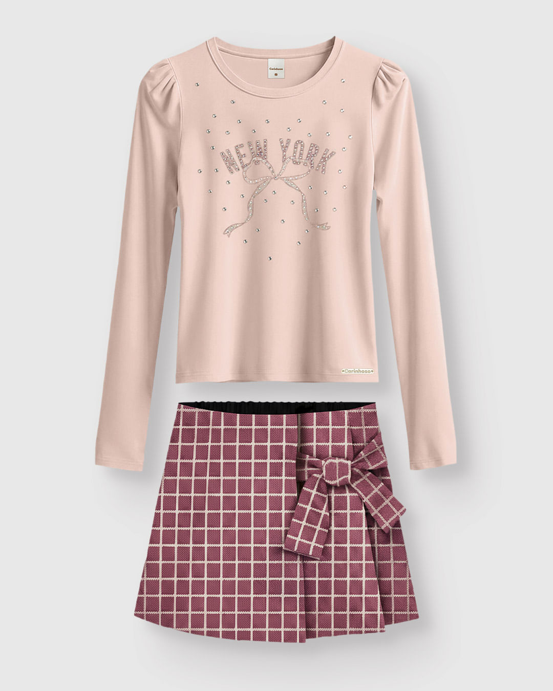 Conjunto Menina Blusa New YorK E Shorts Saia Em Piquet Geométrico - Carinhoso