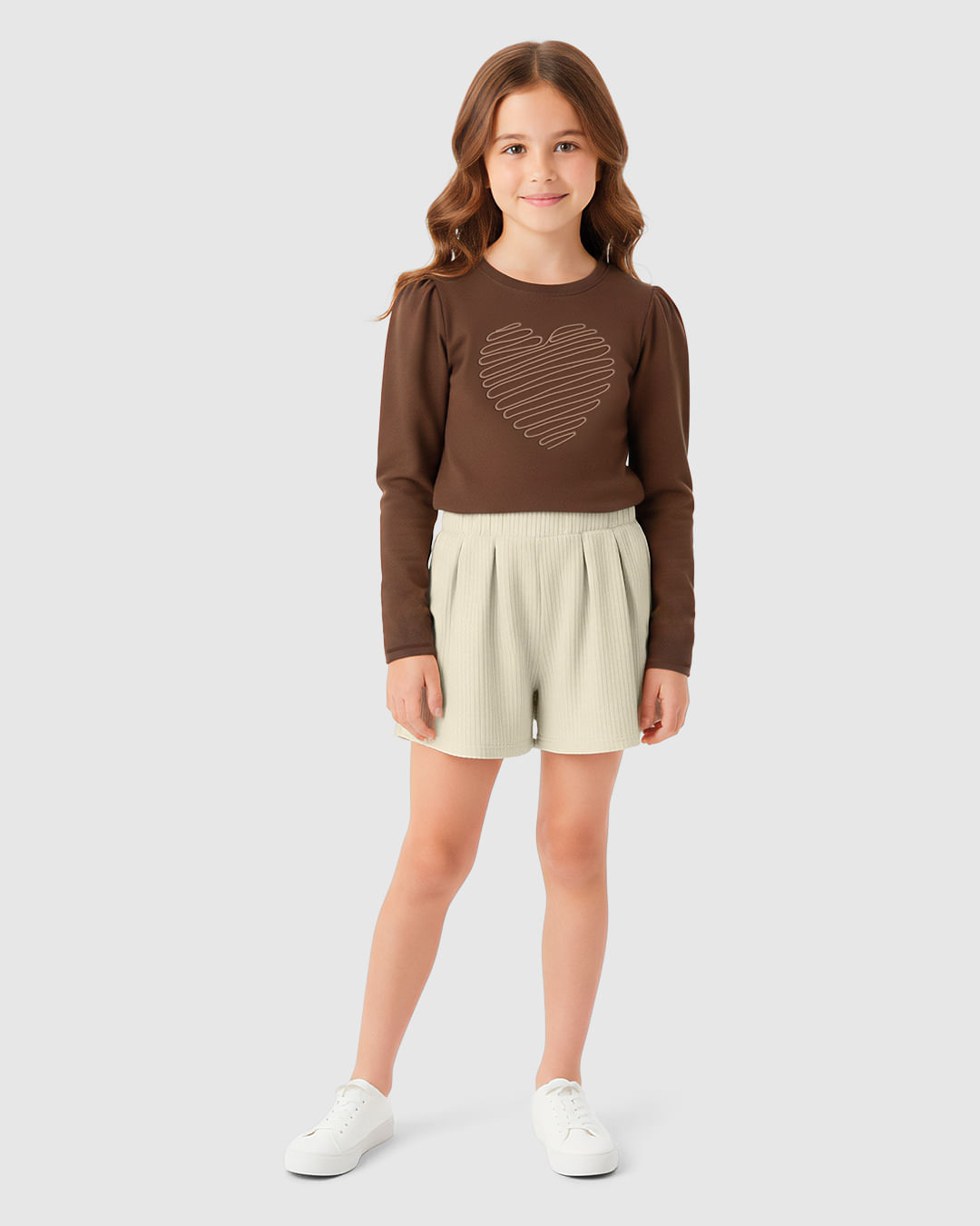 Conjunto Menina Blusa Manga Longa Bordado Coração e Shorts - Carinhoso - Marrom - 8