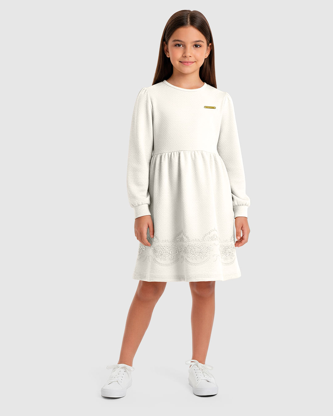 Vestido Menina Rodado Manga Longa Estampa Puff Malha Texturizada - Carinhoso