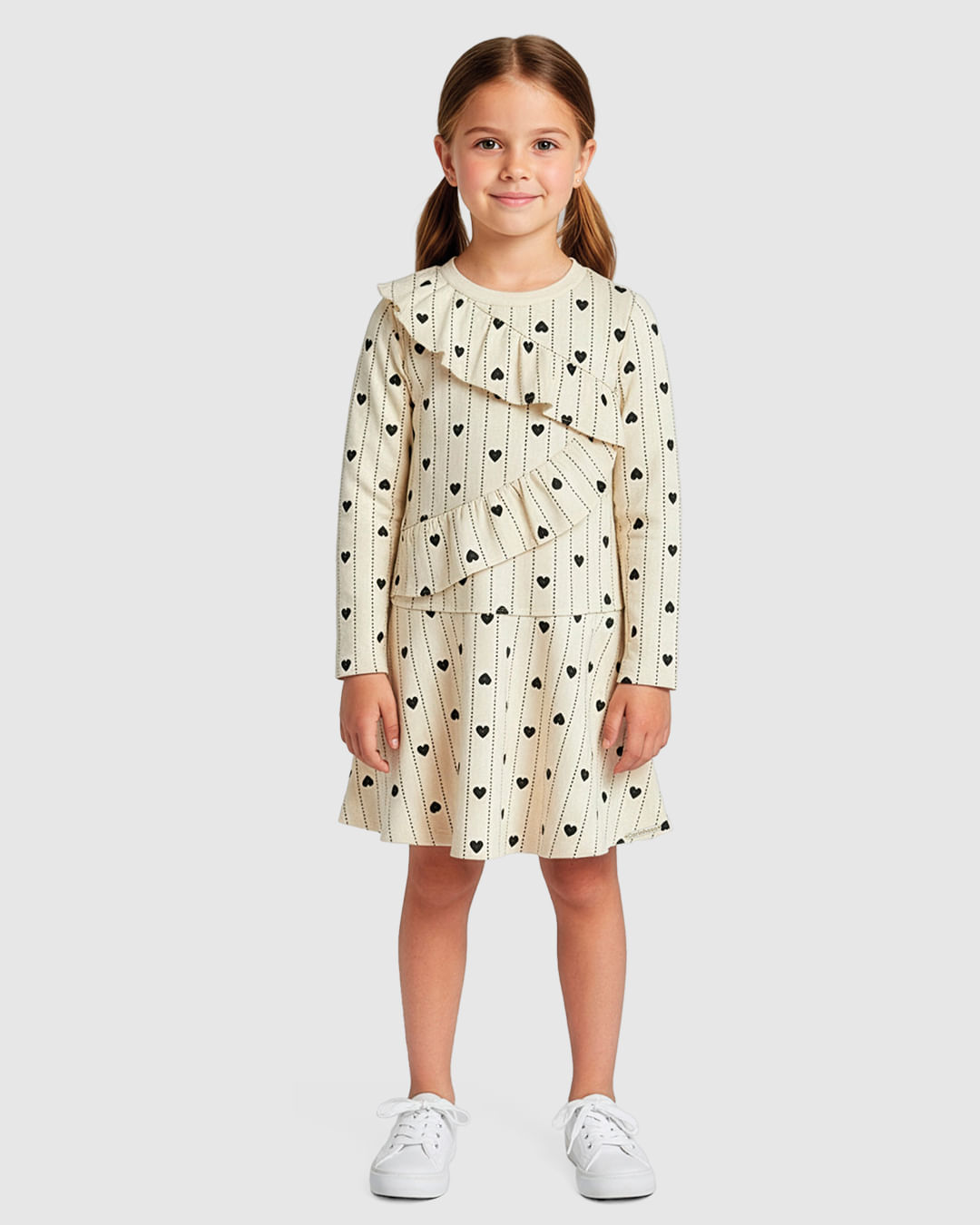 Vestido Menina Estampa Corações Babados Frontais Moletom Stretch - Carinhoso