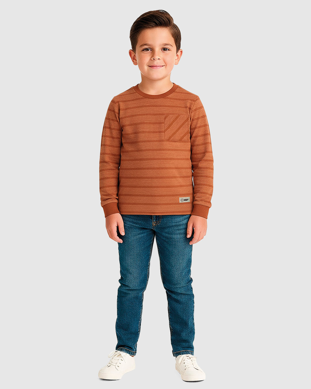 Camiseta Menino Bolso Funcional Manga Longa Em Malha Listrada - Carinhoso