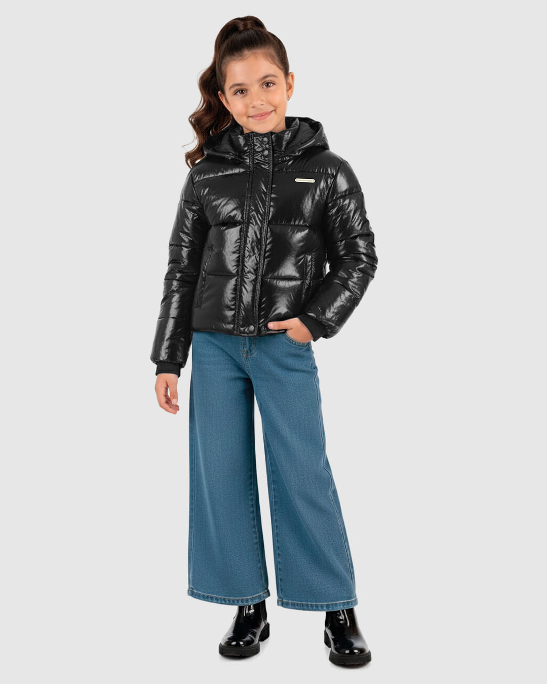 Jaqueta Menina Puffer com Capuz em Tecido Metalizado - Carinhoso