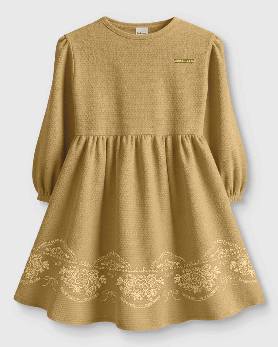 Vestido Menina Rodado Manga Longa Estampa Puff Malha Texturizada - Carinhoso