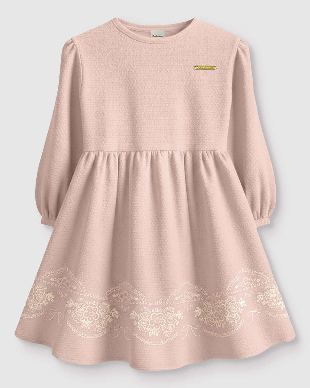 Vestido Menina Rodado Manga Longa Estampa Puff Malha Texturizada - Carinhoso