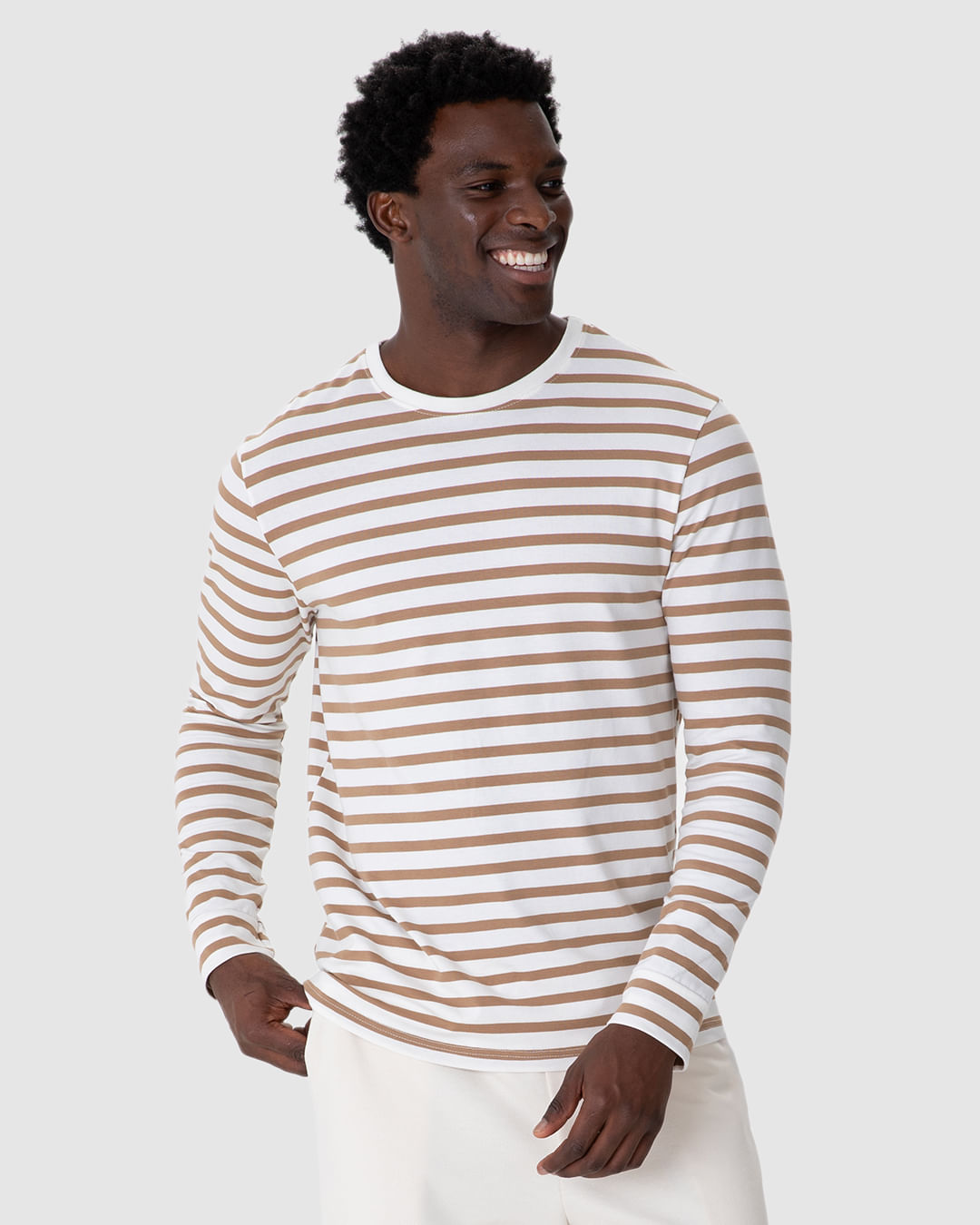 Camiseta Masculina Slim Listrada Manga Longa Em Algodão