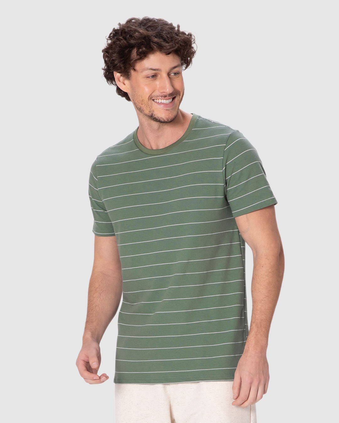 Camiseta Masculina Slim Listrada Manga Curta em Piquet Linho