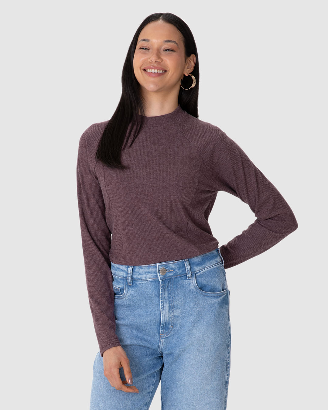 Blusa Ampla Feminina Detalhe Recorte Manga Longa em Malha Canelada Rajada