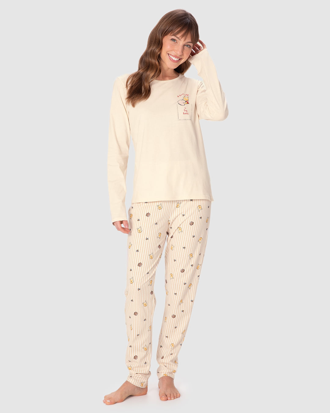 Pijama Feminino Blusa Manga Longa Estampa Ursinho Pooh Disney Em Algodão