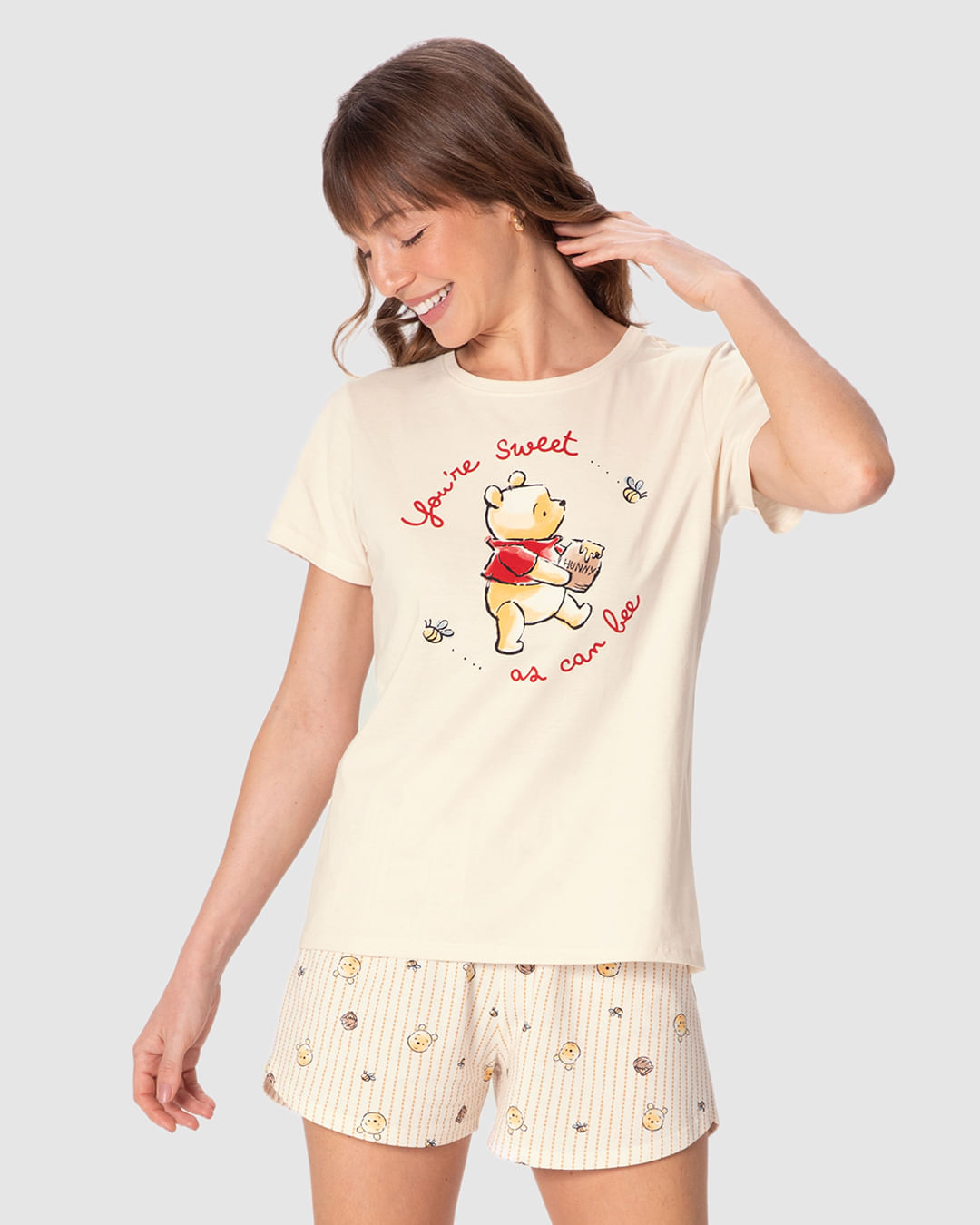 Pijama Curto Feminino Estampa Ursinho Pooh Disney Em Algodão - Off White - G