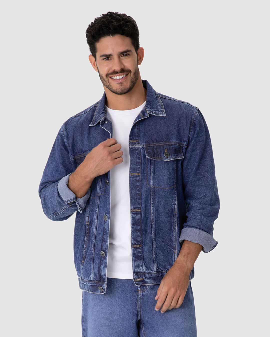 Jaqueta Masculina Tradicional Abotoamento Frontal Em Jeans 100% Algodão