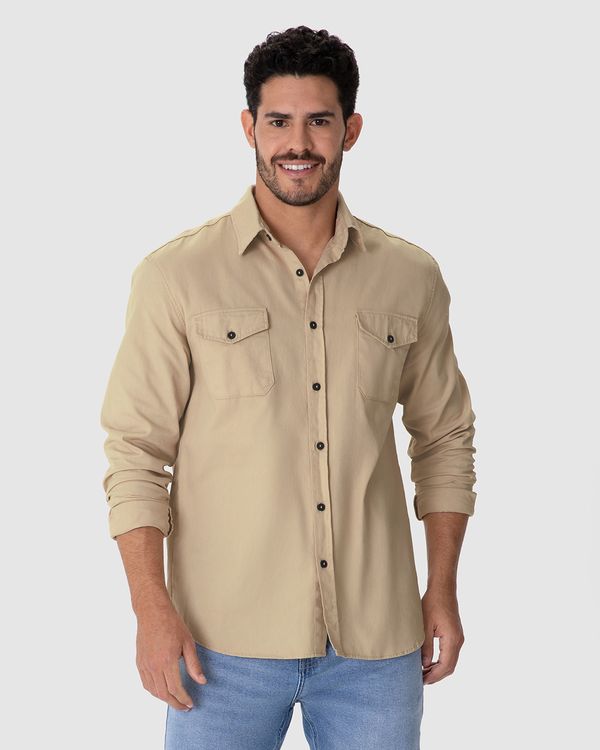 Camisa Masculina Regular Bolso Frontal Em Sarja 100% Algodão Bege - P