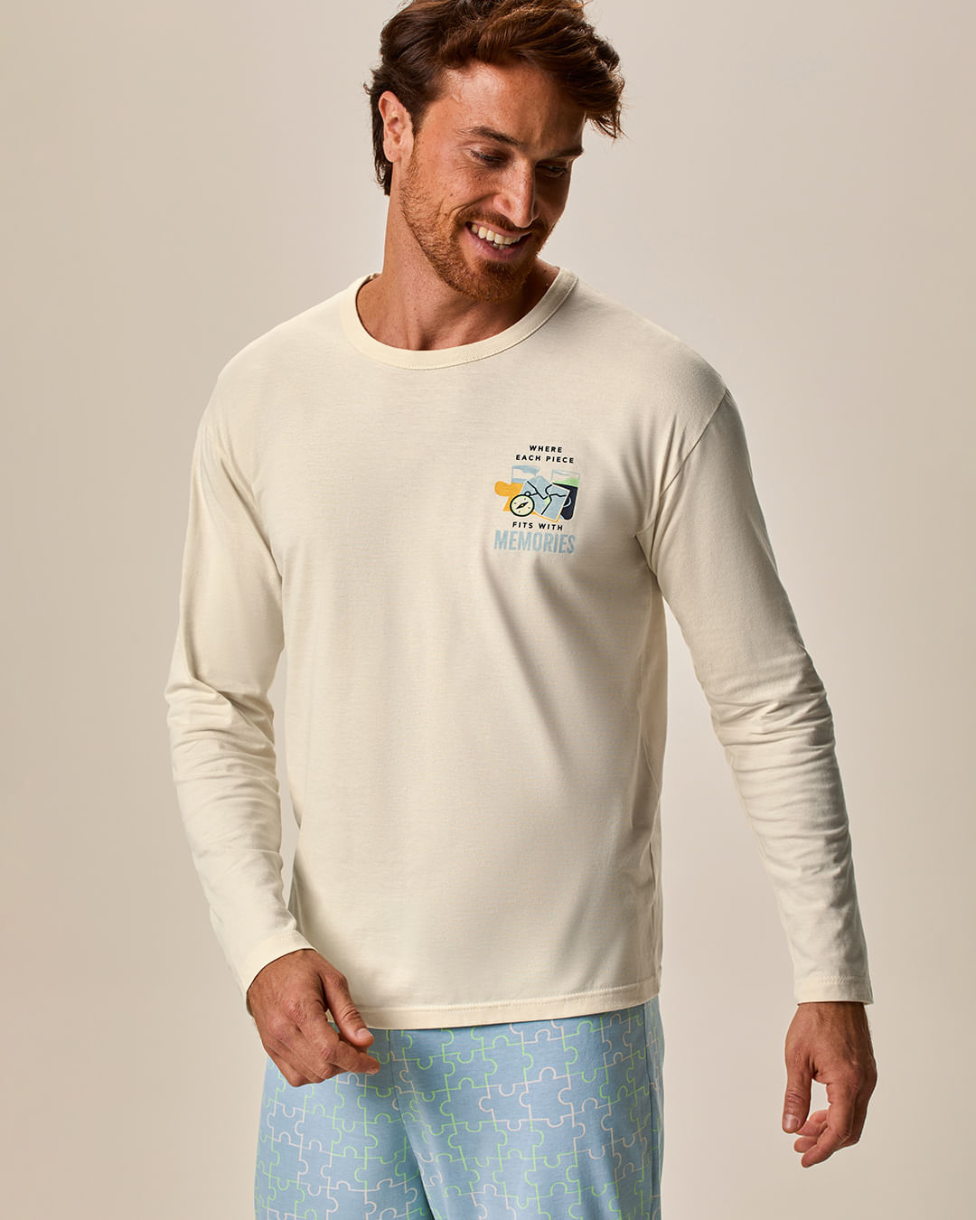 Pijama Masculino Camiseta Manga Longa E Calça Estampada Em Algodão