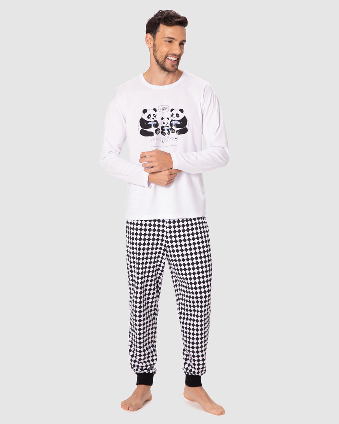 Pijama Masculino Camiseta Manga Longa E Calça Estampada Em Algodão