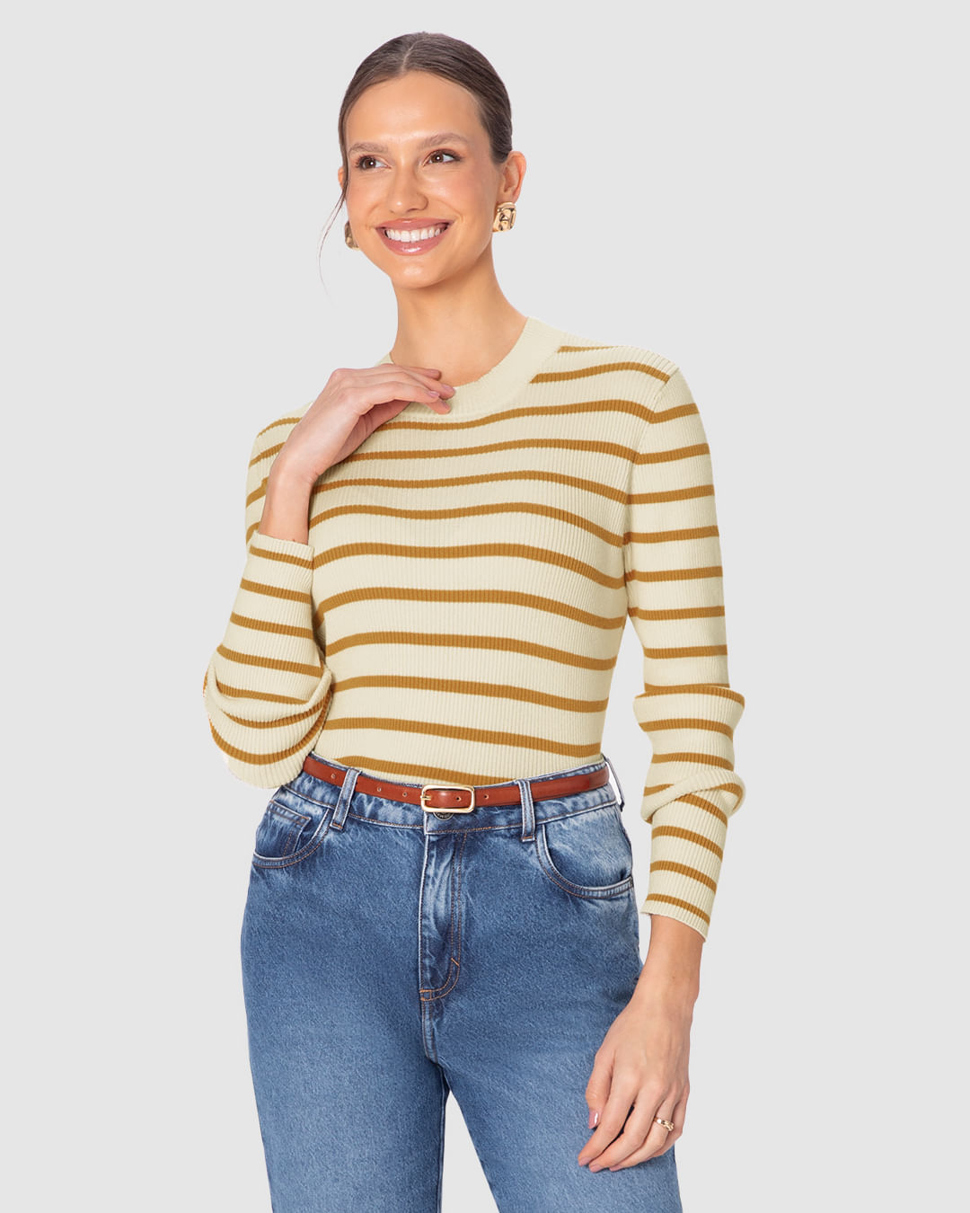 Blusa Justa Feminina Listrada Manga Longa Em Tricô