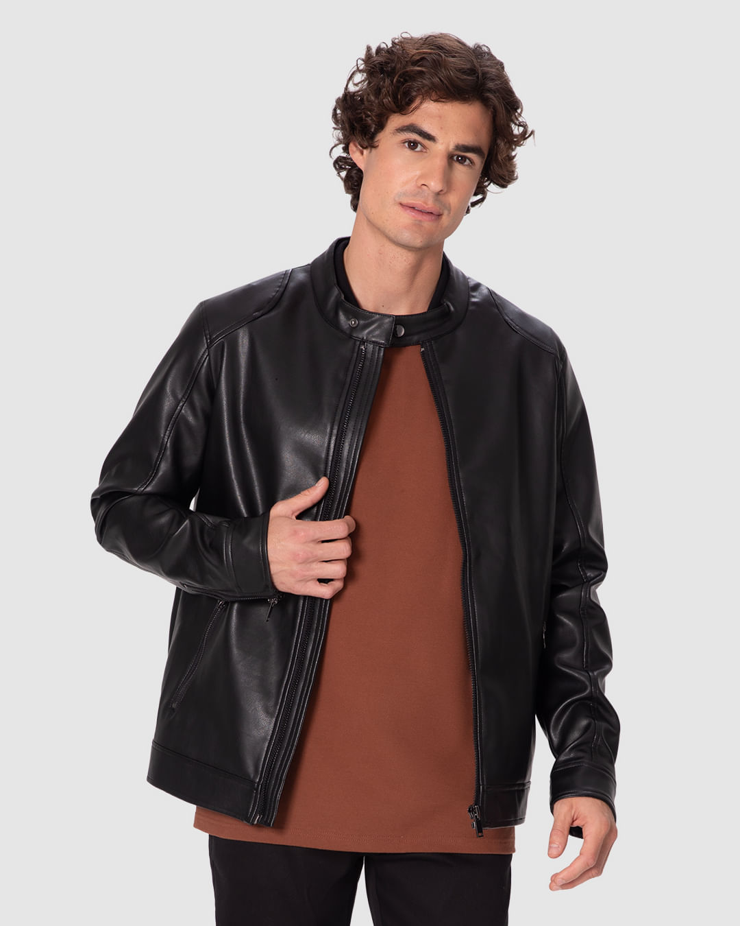 Jaqueta Masculina Biker Fechamento Zíper Bolsos Funcionais Em PU Courino