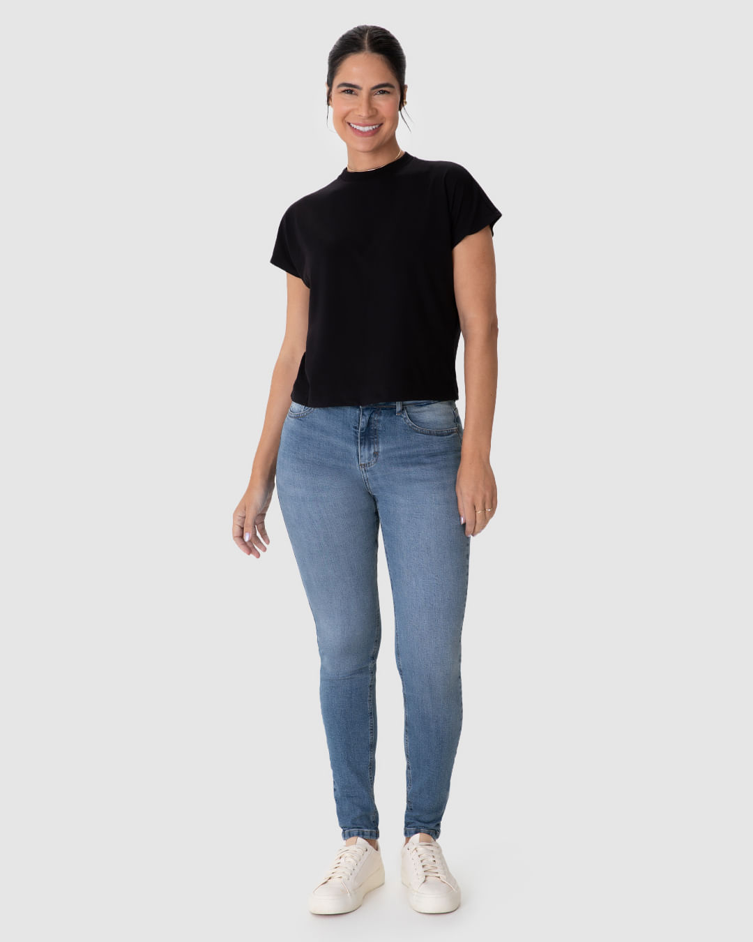 Calça Skinny Feminina Cintura Média Bolso Funcional Em Flex Jeans