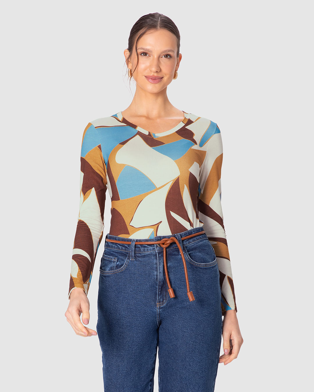 Blusa Justa Feminina Decote V Estampada Em Viscose Stretch