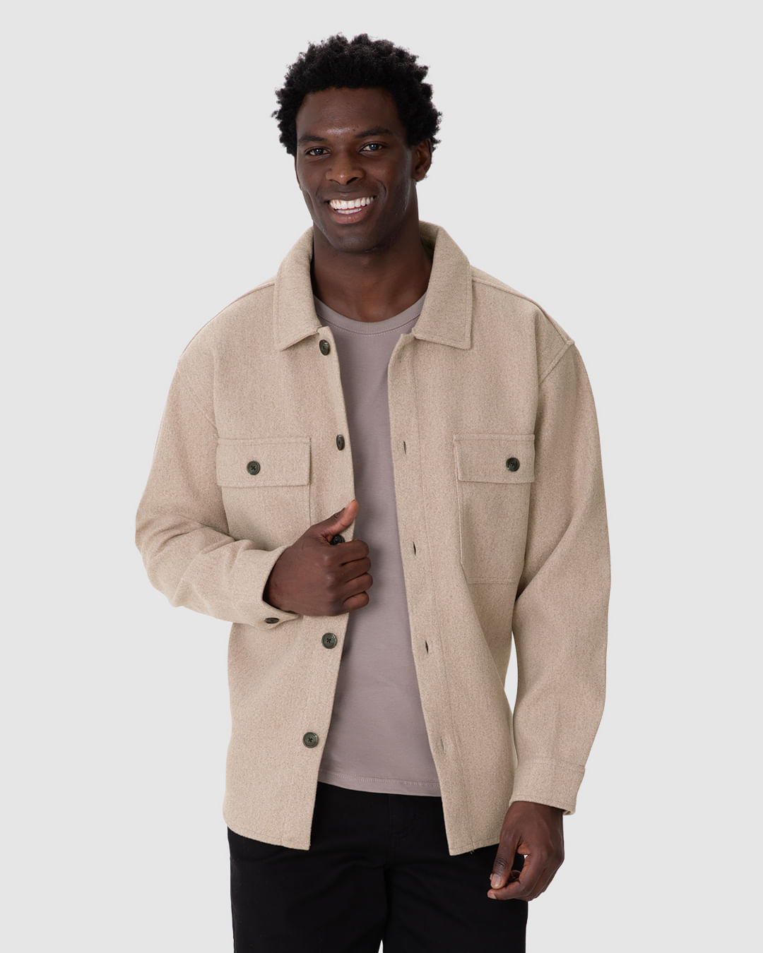 Jaqueta Masculina Estilo Camisa Bolso Funcional Em Lã Batida