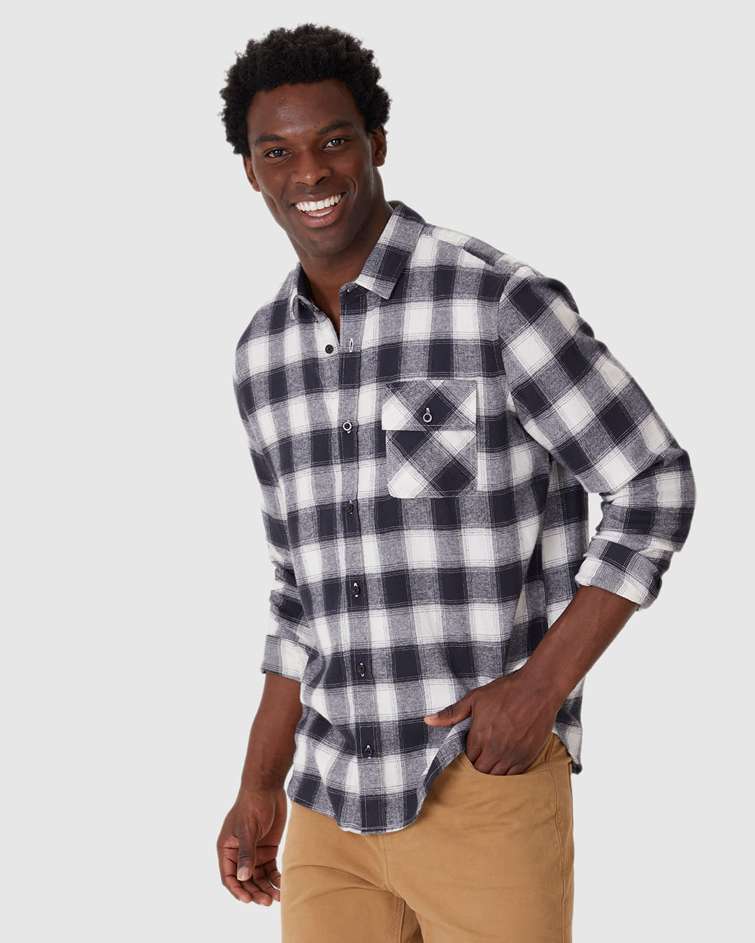 Camisa Masculina Xadrez Bolso Peitoral Em Flanela